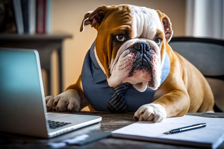 Dog wearing suit and tie sitting in front of laptop computer. Generative AI.の素材