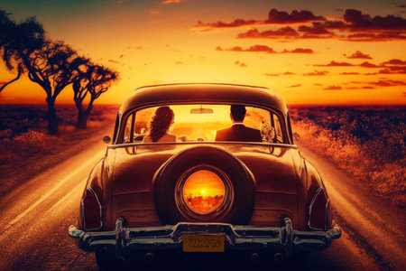 Car driving down road with the sun setting in the back of it. Generative AI.の素材