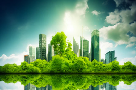 Picture of city with lake in the foreground and trees in the foreground. Generative AI.の素材