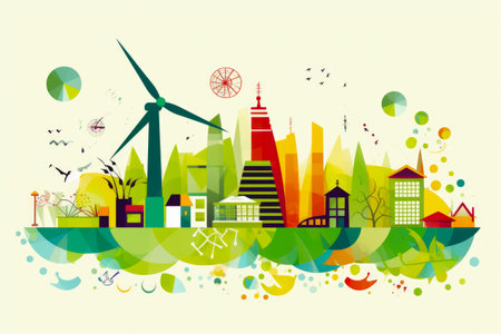 Colorful picture of the city with windmills and buildings in the background. Generative AI.の素材