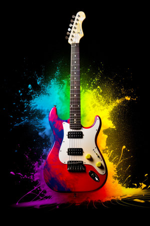 Red and white electric guitar with splash of paint on black background. Generative AI.の素材