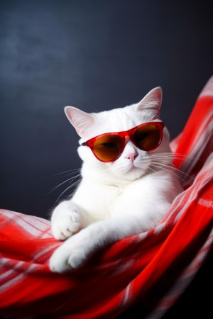 White cat wearing red sunglasses on top of red and white blanket. Generative AI.の素材