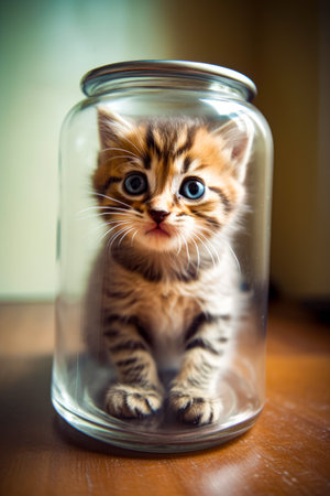 Kitten sitting inside of glass jar on top of wooden table. Generative AI.の素材