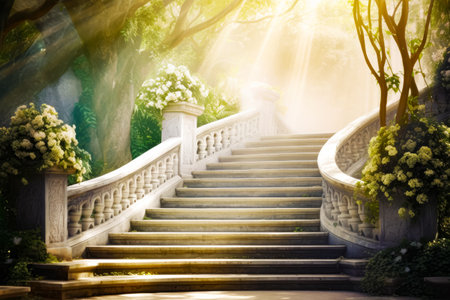 Set of stairs leading up to lush green forest filled with flowers. Generative AI.の素材