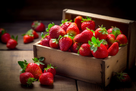 Foto de Wooden box filled with ripe strawberries on top of wooden table. Generative AI. - Imagen libre de derechos