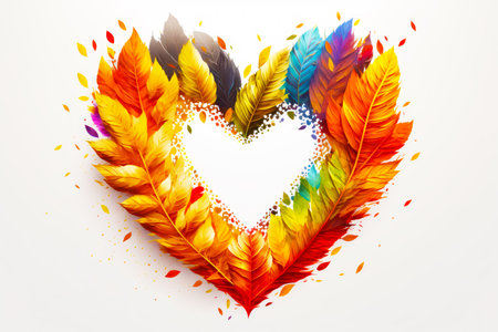 Heart made out of colorful feathers with white heart in the middle. Generative AI.の素材