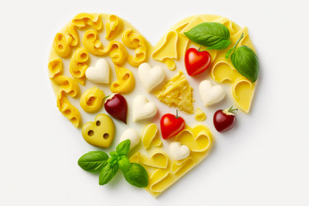 Heart shaped plate of pasta, cheese, tomatoes, and cherries. Generative AI.の素材