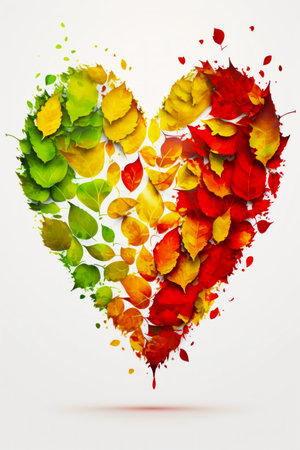 Heart made out of leaves on white background with the colors of autumn. Generative AI.の素材
