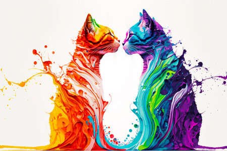 Couple of cats standing next to each other in front of white background. Generative AI.の素材
