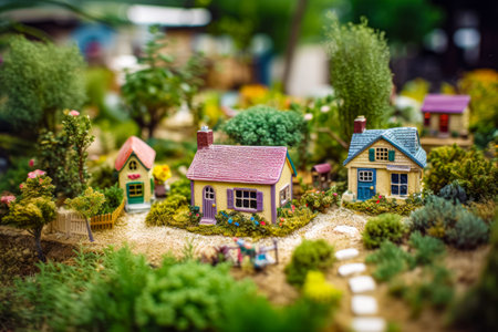Close up of small toy house on table with trees and bushes. Generative AI.の素材