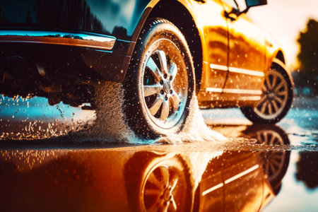 Close up of car washing it's tires with yellow car in the background. Generative AI.の素材