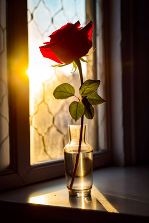 Single red rose in vase on windowsill with the sun shining through the window. Generative AI.の素材