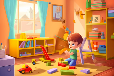 Child playing with toys in room with bookcase and window. Generative AI.の素材