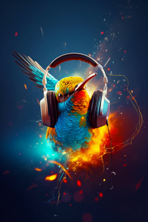 Colorful bird with headphones on it's head is surrounded by fire. Generative AI.の素材
