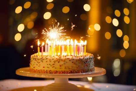 Birthday cake with sparkler on top is sitting on table. Generative AI.の素材