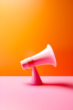 Pink and white megaphone sitting on top of pink table next to orange and yellow background. Generative AI.の素材