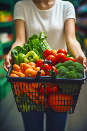 Person holding shopping basket full of fresh fruits and veggies. Generative AI.の素材