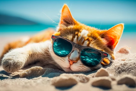 Close up of cat laying on top of beach wearing sunglasses. Generative AI.の素材