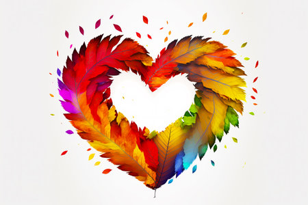 Heart made out of colorful feathers on white background with lots of leaves. Generative AI.の素材