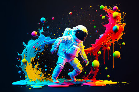 Man in astronaut suit is surrounded by colorful paint and sprays. Generative AI.の素材