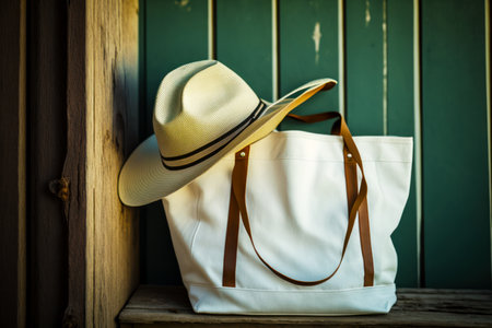 Hat is sitting on bench next to white tote bag. Generative AI.の素材