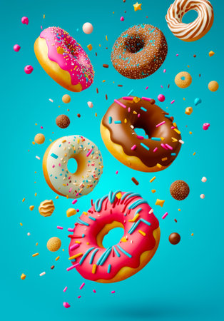 Group of donuts flying through the air with sprinkles. Generative AI.の素材