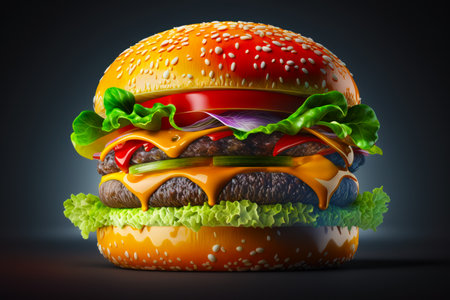 Cheeseburger with lettuce and tomato on black background. Generative AI.の素材