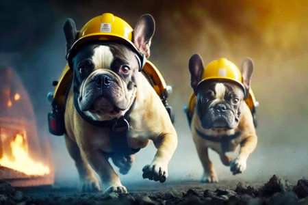 Couple of dogs that are wearing hardhats and running in the dirt. Generative AI.の素材