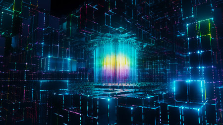 Colorful display of cubes in dark room with rainbow light. Generative AI.の素材