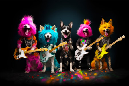 Group of dogs dressed in costumes and holding guitars and singing into microphone. Generative AI.の素材