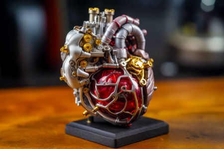 Model of human heart on wooden table with blurry background. Generative AI.の素材
