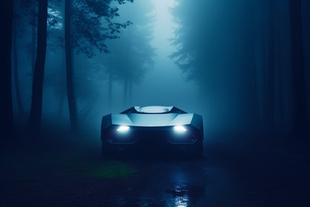 Car driving through foggy forest in the dark with headlights on. Generative AI.の素材