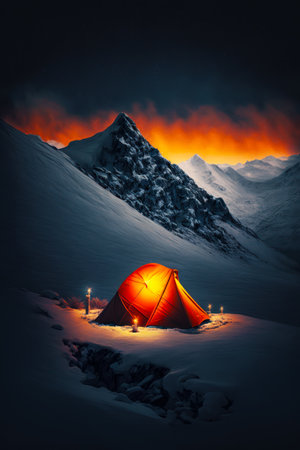 Red tent sitting on top of snow covered mountain under cloudy sky. Generative AI.の素材