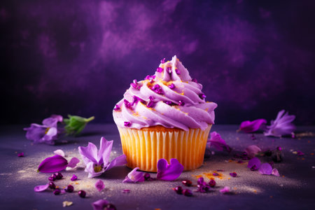 Cupcake with purple frosting and purple flowers on purple background. Generative AI.の素材