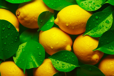 Group of lemons with green leaves and water droplets on them,. Generative AI.の素材