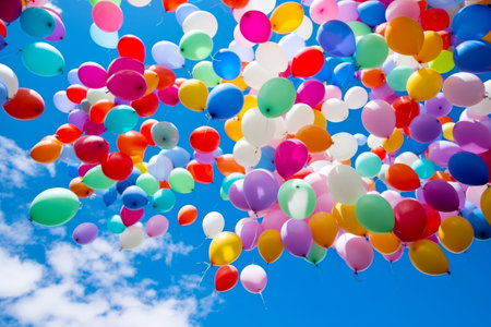 Bunch of balloons floating in the air with blue sky in the background. Generative AI.の素材