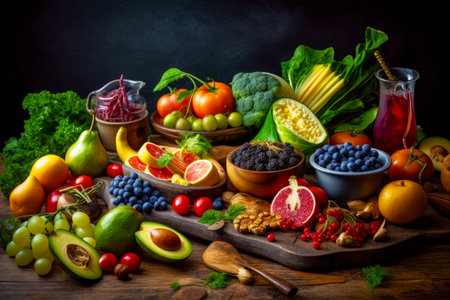 Variety of fruits and vegetables are on wooden table with black background. Generative AI.の素材