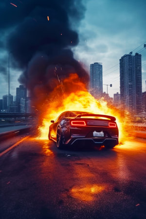 Car that is on fire on road with buildings in the background. Generative AI.の素材