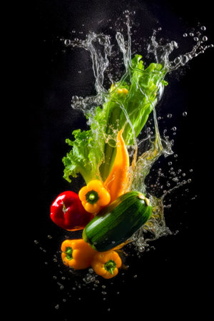 Bunch of vegetables are splashing into the body of water on a black background. Generative AI.の素材