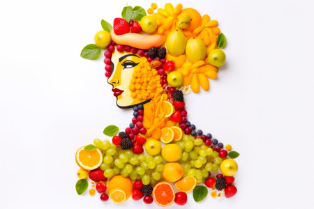 Woman made out of fruits and vegetables on white background with oranges, raspberries, lemons, and grapes. Generative AI.の素材