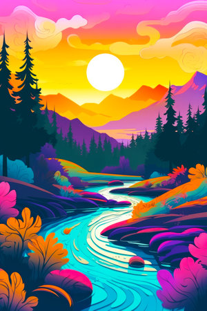 Image of stream in the forest with mountains in the background at sunset. Generative AI.の素材