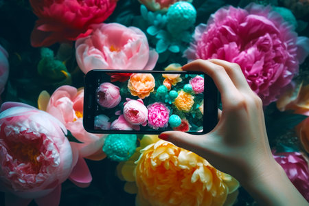 Person taking picture of bunch of flowers with cell phone. Generative AI.の素材