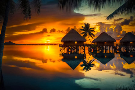 Beautiful sunset over tropical island with palm trees and huts on stilts. Generative AI.の素材