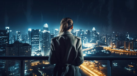 Woman standing in front of window looking at city at night. Generative AI.の素材
