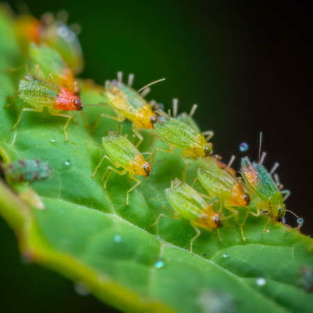 Close up of group of bugs on leaf with drops of water on it. Generative AI.の素材