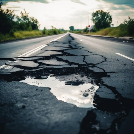 Road that has a crack in the road and water on the side of it. Generative AI.の素材