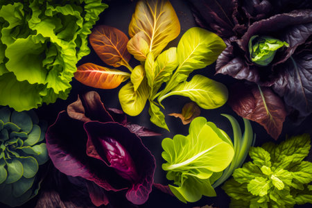 Lettuce and leafy greens laid out on black surface, top view. Generative AI.の素材
