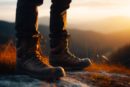 Man standing on top of mountain next to pair of boots. Generative AI.の素材