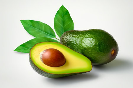 Avocado and avocado with leaves on white background. Generative AI.の素材