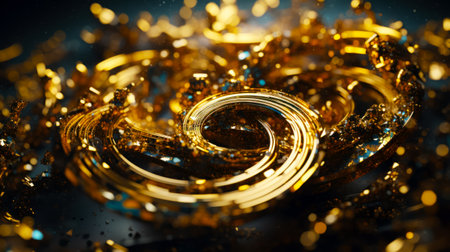 Bunch of shiny gold confetti on black surface with blurry background. Generative AI.の素材